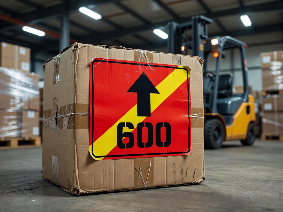 A priority label attached to an expedited freight parcel ready for loading