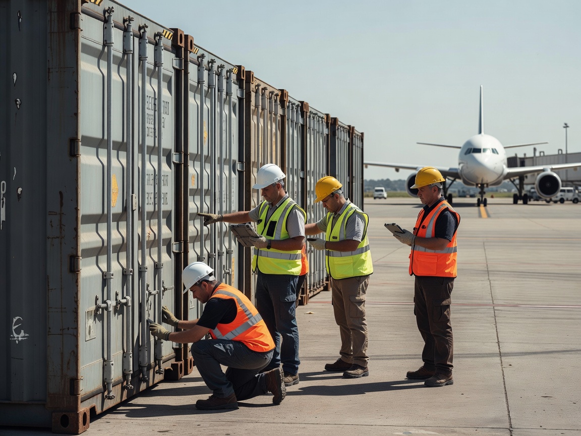 Ground crew inspecting cargo containers on an airport tarmac