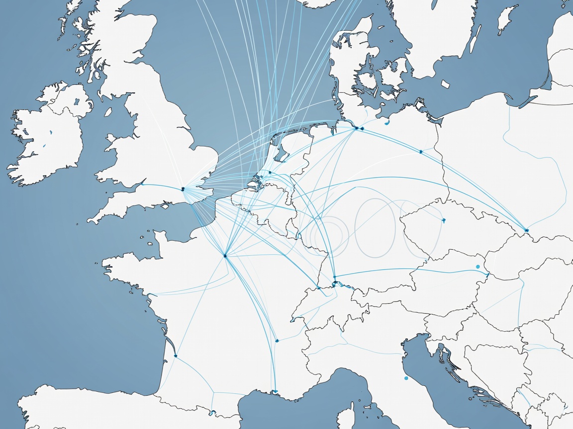 Map graphic showing flight paths intersecting over Western Europe