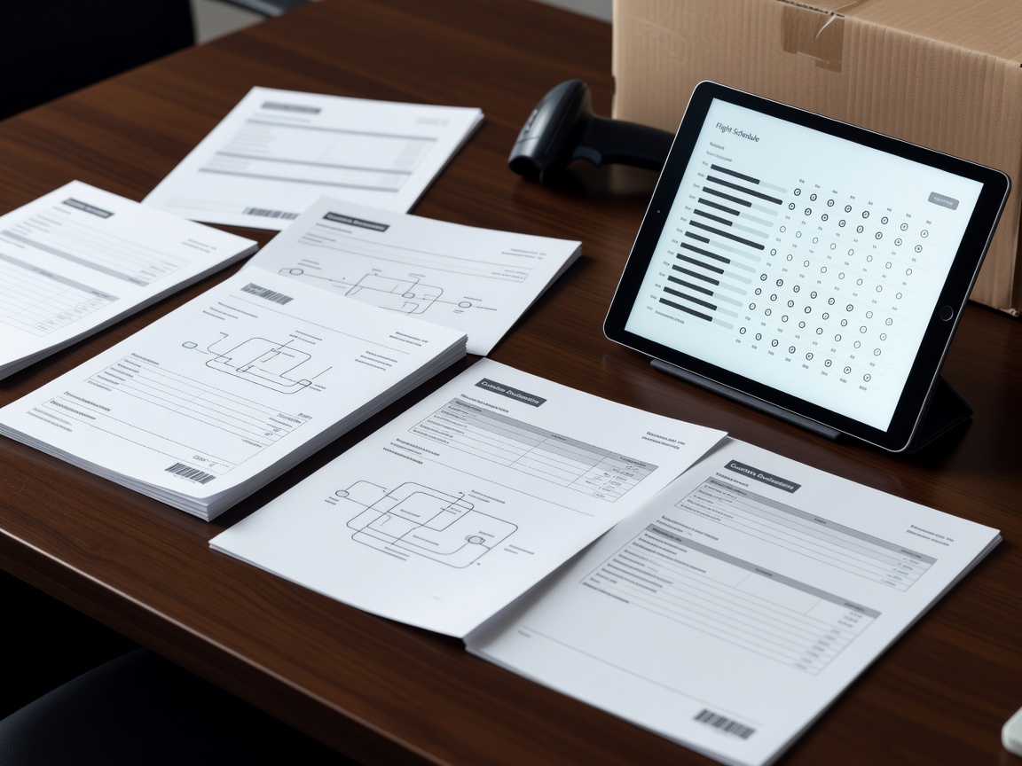 Multiple logistics documents and a tablet displaying flight schedules on a desk