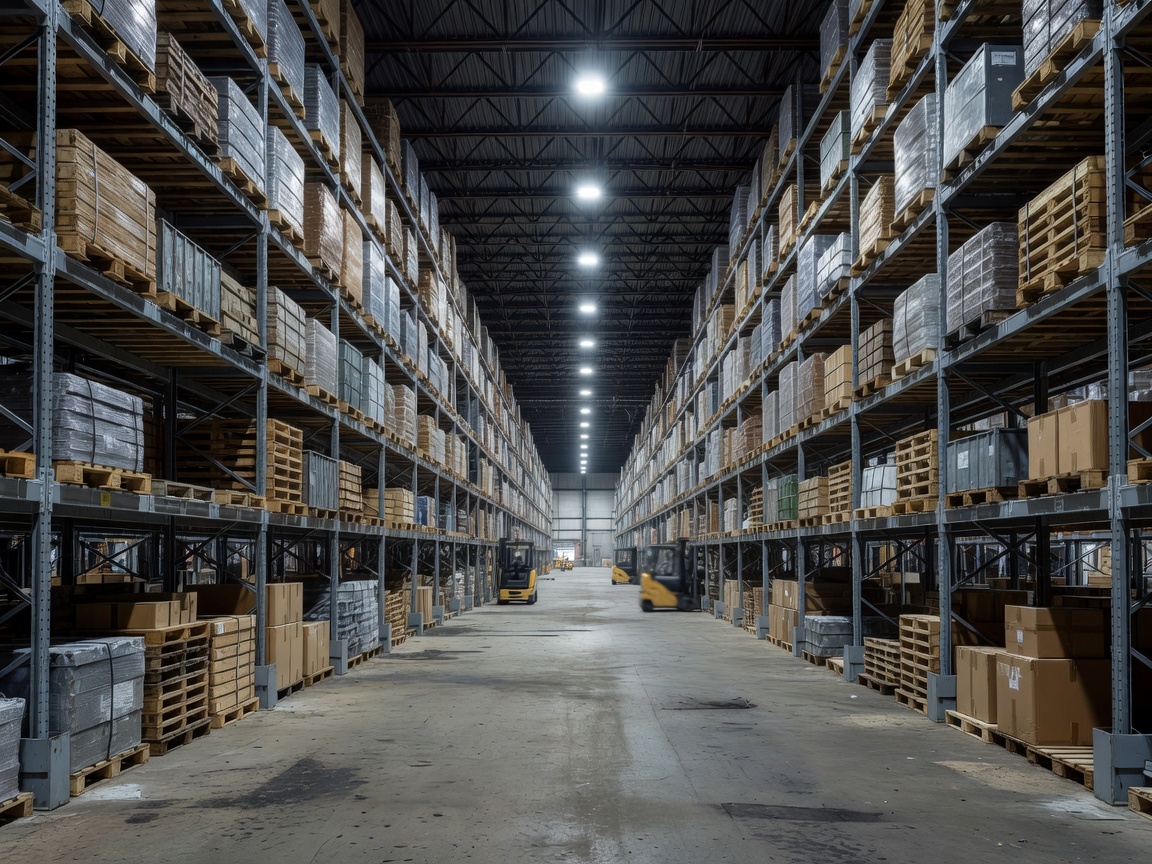 Rows of high shelving inside a vast airport cargo warehouse facility
